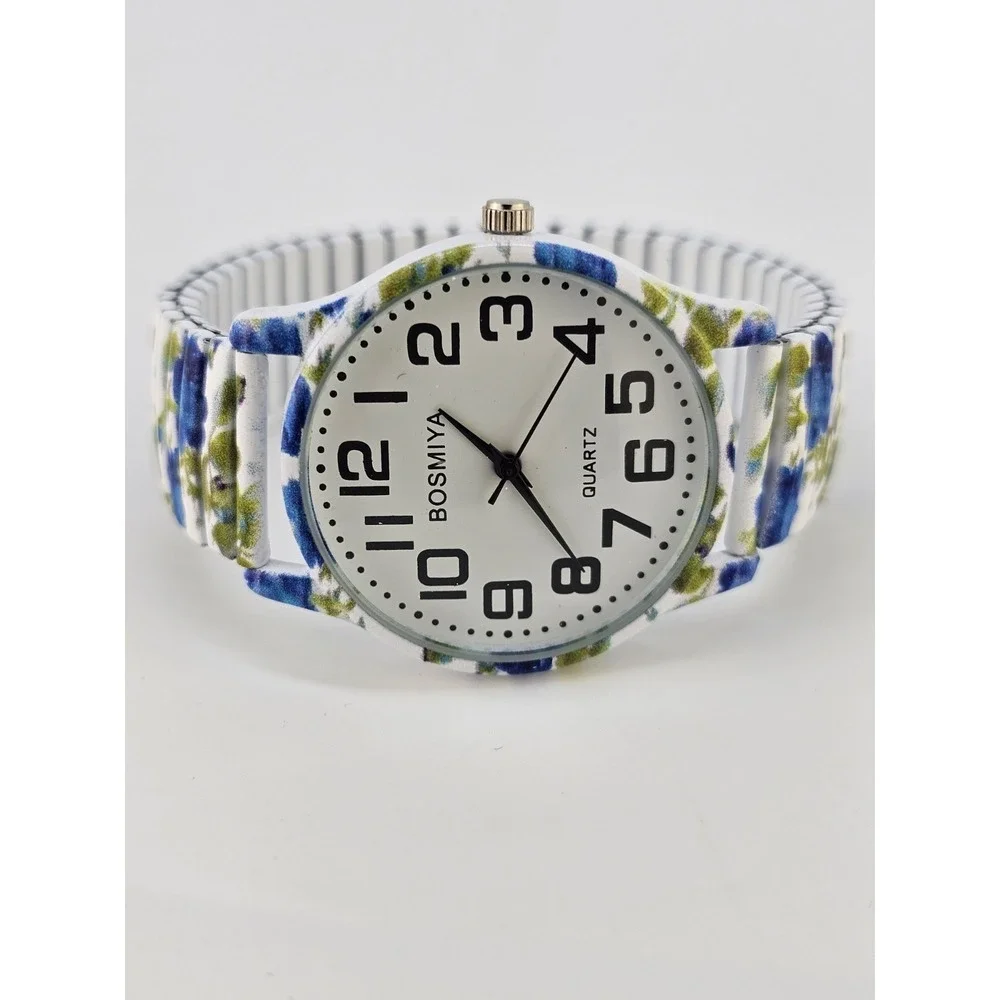 Women Watch Large Numerals 36MM Multicolor Flowers Stretch Band 6.5